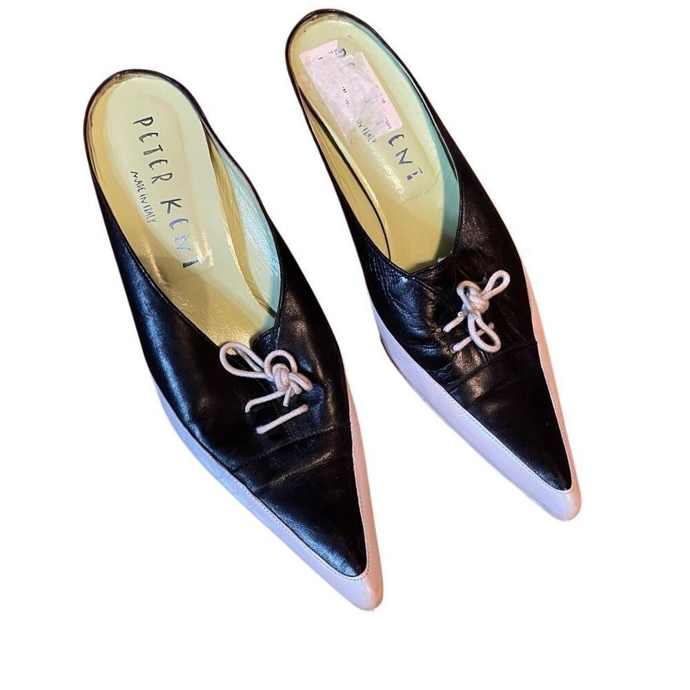PETER KENT | black silver leather kitten heel mules 38